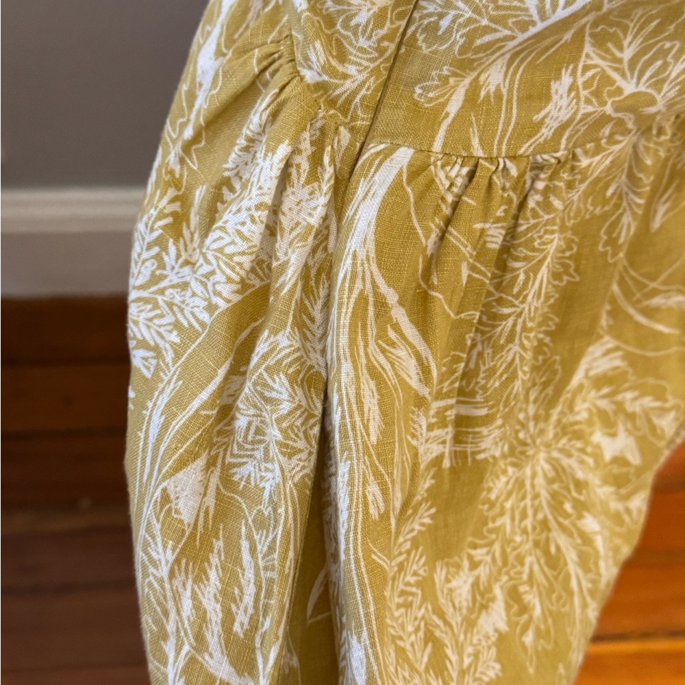 Tahari Midi Tropical Print Yellow Smocked Cotton Linen Casual Sundress - Picture 6 of 7